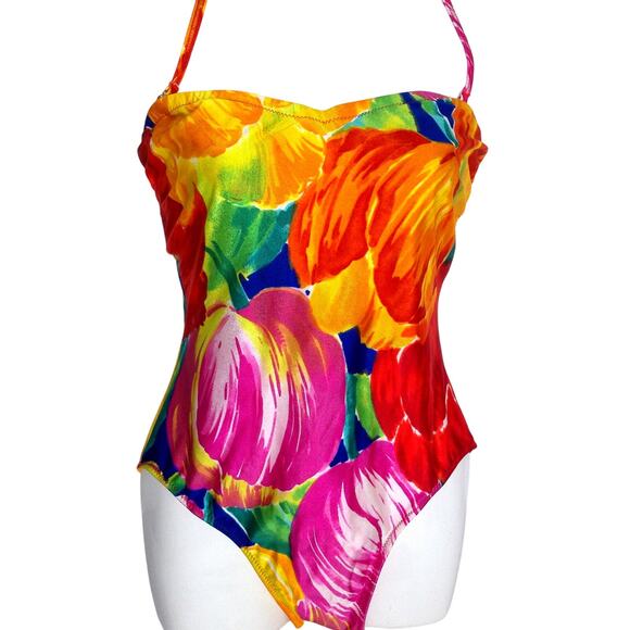 Gottex Other - Vtg 80s Gottex One Piece Swimsuit Floral Psychedelic High Cut Maillot Size 14